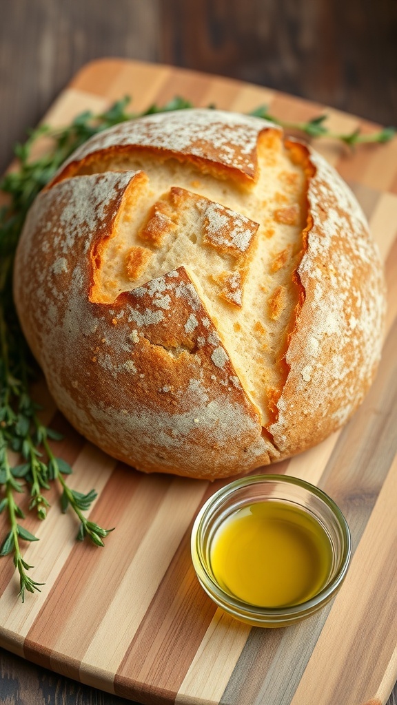 A rustic artisan bread loaf on a cutting board with herbs and olive oil.